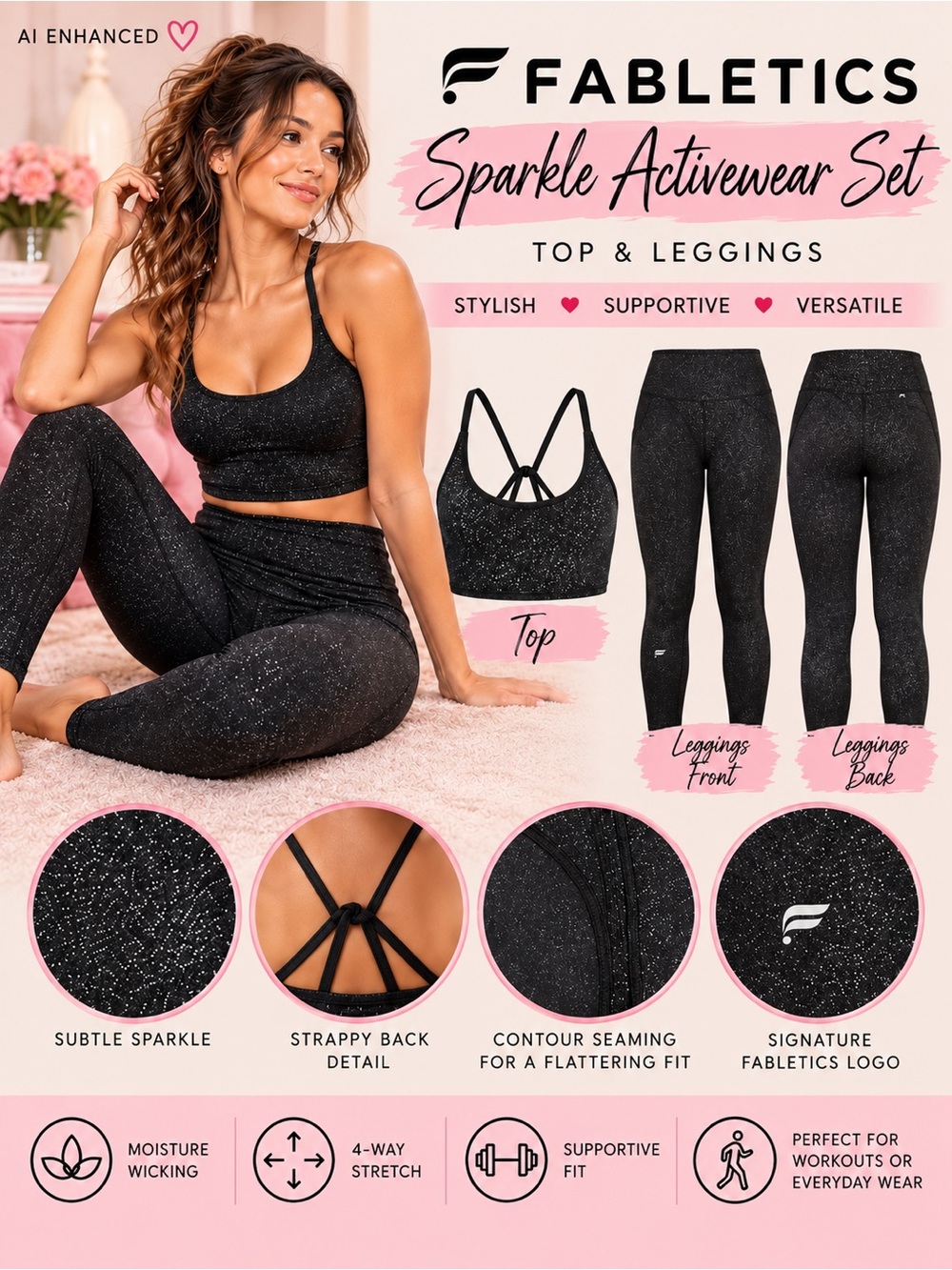 Fabletics Black Sparkle 2-Piece Set Crop Top High-Waist Leggings